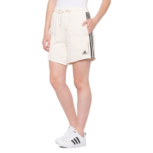 Adidas Women’s White Black Stripe High Rise Gym Shorts Cut Offs Recycled Size M - Picture 1 of 7
